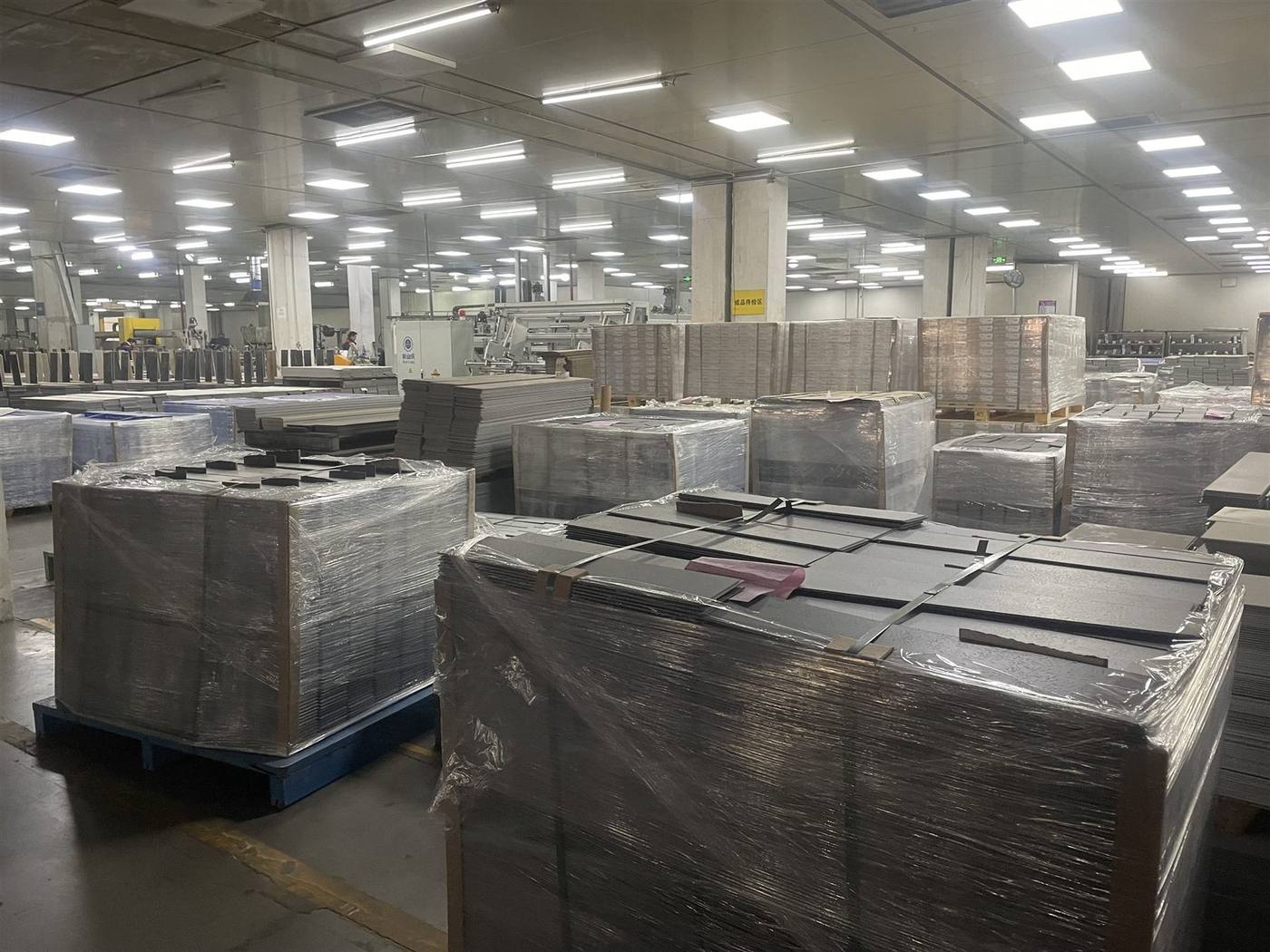 Wrapped finished building-material products stored in the warehouse