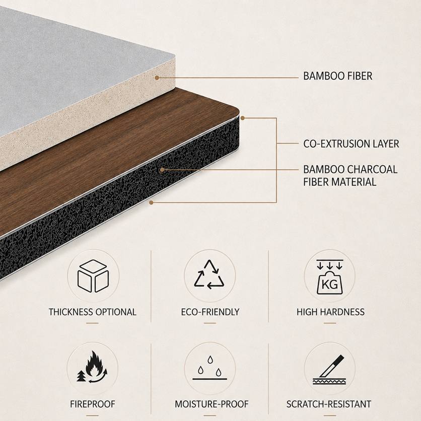 Bamboo Charcoal Board Structure Bamboo-fibre and bamboo-charcoal core construction with optional thicknesses and durable surface performance by Home Plus Materials