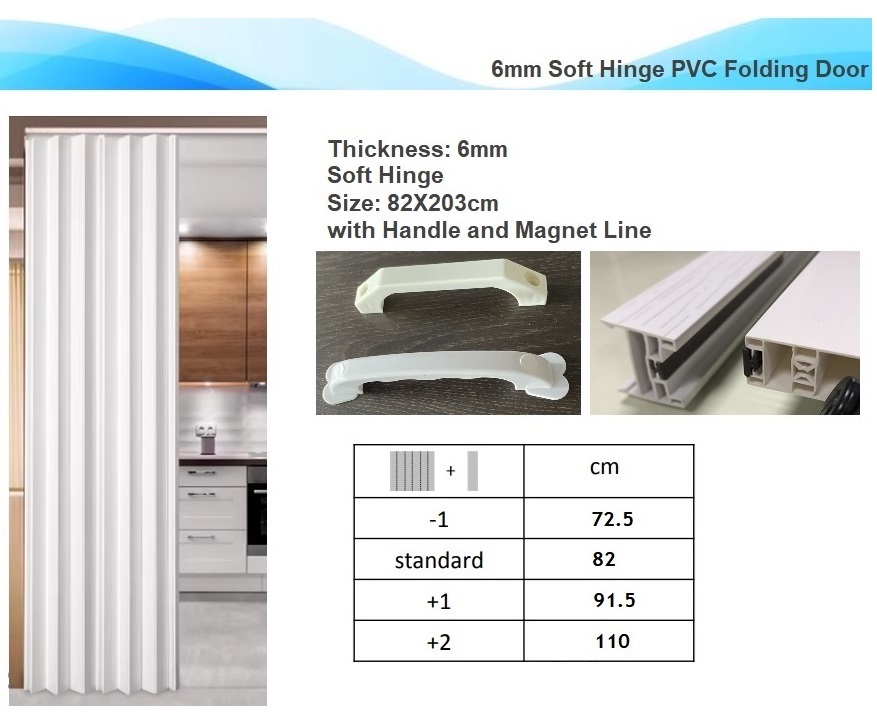 6 mm Soft-Hinge PVC Accordion Door 82 x 203 cm reference size with a 10 cm main panel, plastic handle and magnetic closure by Home Plus Materials