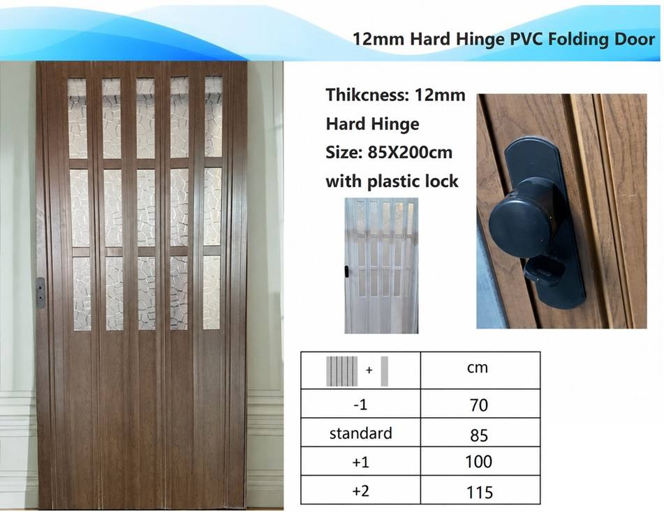 12 mm Hard-Hinge PVC Folding Door 100 x 210 cm reference size with a 15 cm main panel; glazed and non-glazed options by Home Plus Materials
