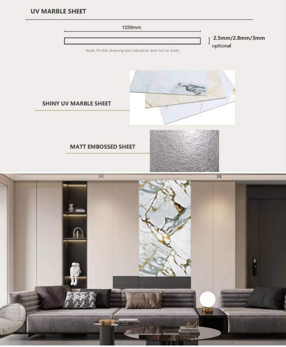 UV Marble Sheet Specification 1220 mm width, 2440–3000 mm standard lengths and 2–4 mm thickness options; glossy, matt and embossed surfaces by Home Plus Materials